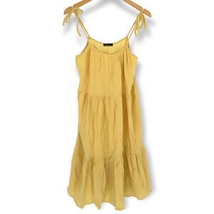 Very J | Small | 100% Cotton Yellow Tiered Gauzy Shoulder Tie Midi Sundress